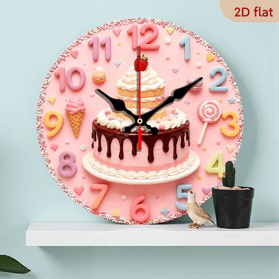 2D Flat 1pc Wooden Sweet Dessert-Themed Wall Clock with Cake, Lollipop Ice Numbers 10Inch - Silent Movement, Large Round Face for Room,, Bedroom, Living Room - Artificial Wood (No Included)