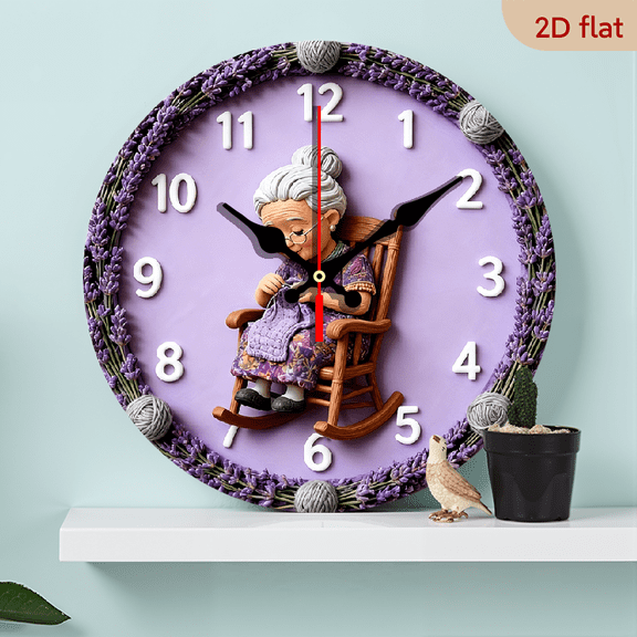 2D Flat 1pc Wooden Vintage Lavender Woven Grandmother Clock Silent Round Wall Clock - an Ideal Decoration for Bedrooms, Living Rooms, Offices, Kitchens, And Bathrooms - Diameter 25 cm