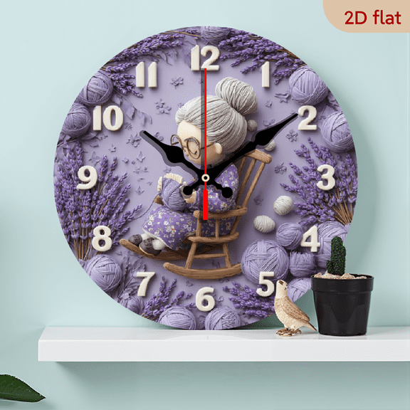 2D Flat 1pc Wooden Vintage Lavender Woven Grandmother ClockSilent Round Wall Clock - an Ideal Decoration for Bedrooms, Living Rooms, Offices, Kitchens, And Bathrooms - Diameter 25 cm (Batteries No