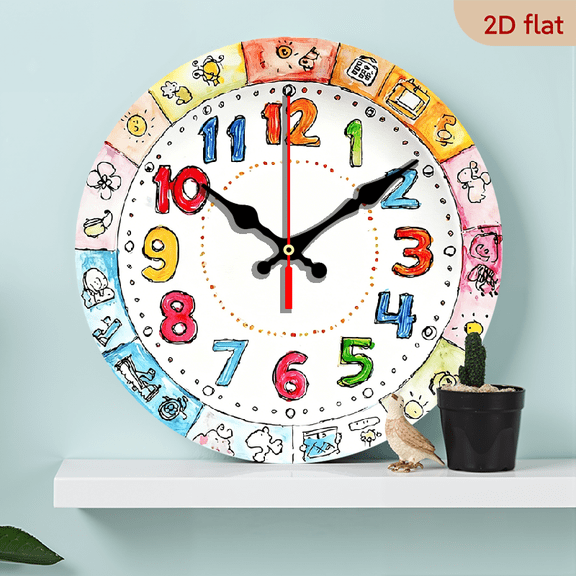 2D Flat 1pc Wooden Wall Clock with Colorful Cartoon Numbers Hands - 10 Inch Round Mechanical Quartz Movement, Durable Wood Frame, Perfect For Bedroom, Living Room, Office, Kitchen, Bath