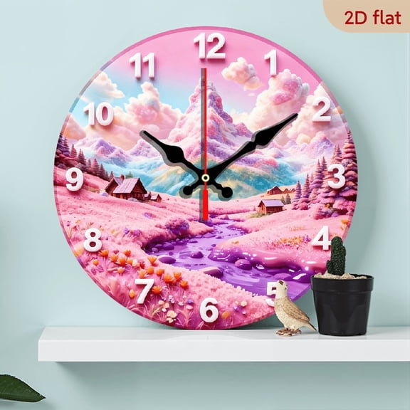 2D Flat 1pc Wooden Wall Clock - Pink Dreamy Fairy Tale Landscape with Floral Mountain Scene - 10 Inch Round Modern Round Wall Clock with Automatic Wind-Up Movement, Silent Non-Ticking Operation