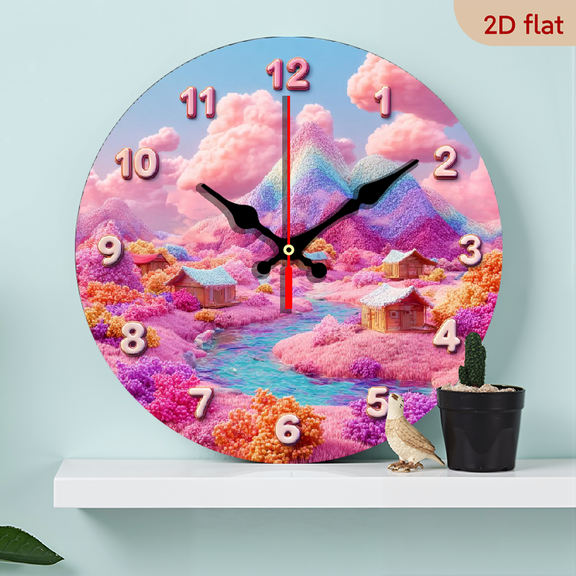2D Flat 1pc Wooden Wall Clock - Pink Dreamy Fairy Tale Landscape with Floral Mountain Scene - 10 Inch Round Modern Round Wall Clock with Automatic Wind-Up Movement, Silent Non-Ticking Operation fo