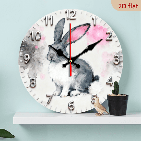 2D Flat 1pc Wooden Wall Clock with Pink Rabbit Pastel Pink Design - Silent Non-Ticking Quartz Movement, 10 Inch Round Modern Farmhouse Decor for Bedroom, Living Room, Clocks For Mantel Modern