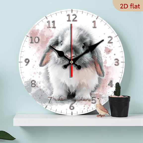 2D Flat 1pc Wooden Wall Clock with Pink Rabbit Pastel Pink Design - Silent Non-Ticking Quartz Movement, 10 Inch Round Modern Farmhouse Decor for Bedroom, Living Room, Clocks For Mantel Modern, Big