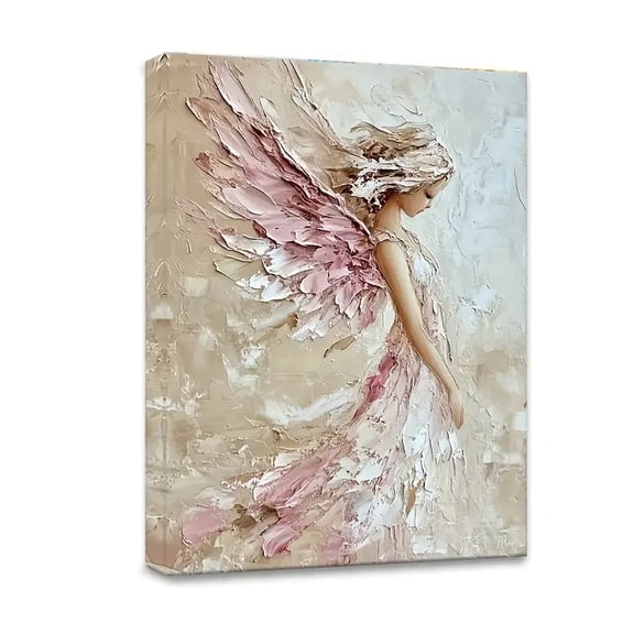 [2D Flat] 1pc Wrapped Canvas Painting, Ethereal Art of an Angel with Textured Pink Wings and Flowing Dress, Soothing, with Frame, for Living Room, Bedroom, Contemporary Home Decor