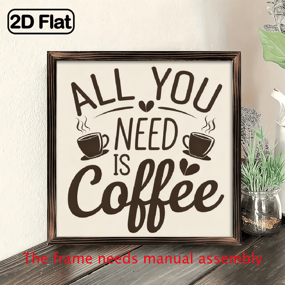 2D Flat, 1pc All You Need Is Coffee Vintage-Inspired Wooden Framed Sign - 8x8 Inch, Rustic Cream Brown Decor with Coffee Cup Illustrations, Ideal Valentine's Day Gift for Coffee Lovers, Coffee Acc
