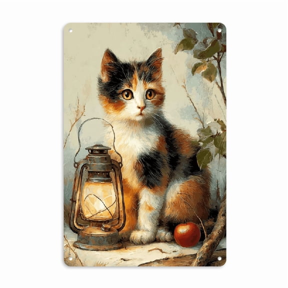 2D Flat 1pc for cat With Lantern Iron Metal Decorative Sign 8x12 Inch Vintage Aesthetics, Rustic Art Style, Ideal for Hallway, Autumn Decor, Cozy Space, Perfect Gift for Cat Lover.