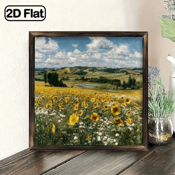 2D Flat, 1pc d Hanging Decorative Sign 8x8 Inch, Sunflower Field Landscape Hanging Sign Rustic Countryside Decor for Garden Patio Entryway Living Room Wall Art Housewarming Gift fo