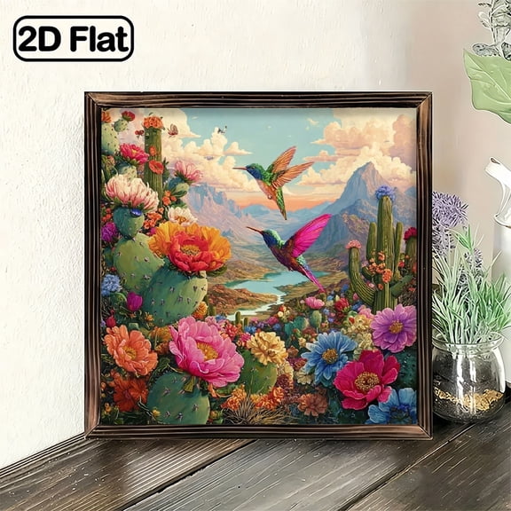 2D Flat, 1pc d Hanging Decorative Sign 8x8 Inch, Vibrant Hummingbird Desert Landscape Wall Art, Cactus Flower Design for Living Room Bedroom Office, Perfect Gift for Women Nature L