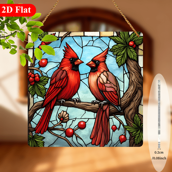 2D Flat - 1pc of Cardinal Bird Themed Cartoon Square Suncatcher Decoration Plaque for Christmas, Birthdays, And Home Decor