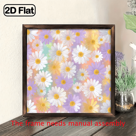 2D Flat, 1pc square shaped Daisy Flower wooden board painting, Pastel Floral Wall Decor Plaque for Bedroom Living Room Window Office, 8x8 inch.