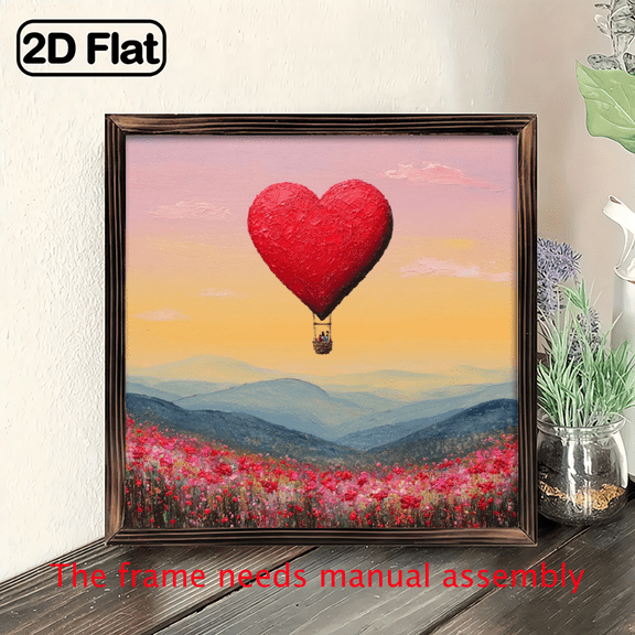 2D Flat, 1pc square shaped wooden board painting,8x8inch, Hot Air Balloon Wall Decor, Romantic Sunset Landscape Plaque, Sweet Couple Art Sign for Living Room.
