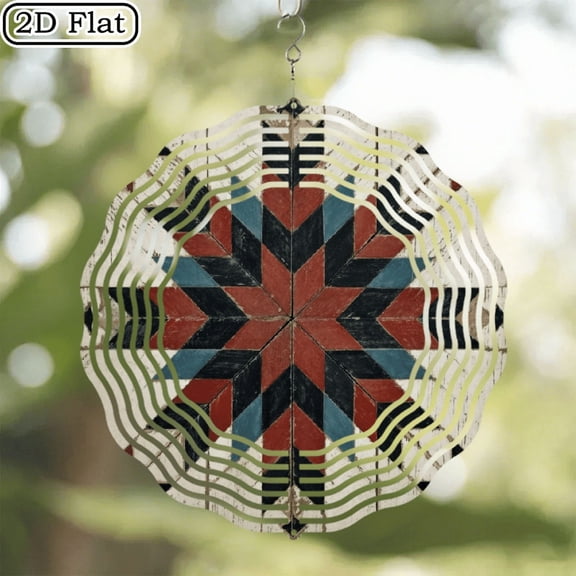 2D Flat, 1pc wind chime Handcrafted Farmhouse Barn Quilt Wall Art - 10 Inch Rustic Wood Frame with Red Black White Blue Gray Octagonal Star Patterns, Polished Textured Finish - Indoor Country De
