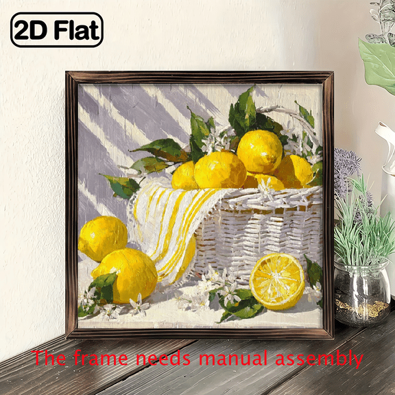 2D Flat, 1pc wooden board painting. Bright Lemon Basket Art with Sliced Lemons, Green Leaves - Ready-to-Hang Kitchen, Living Room, Bedroom Decor.