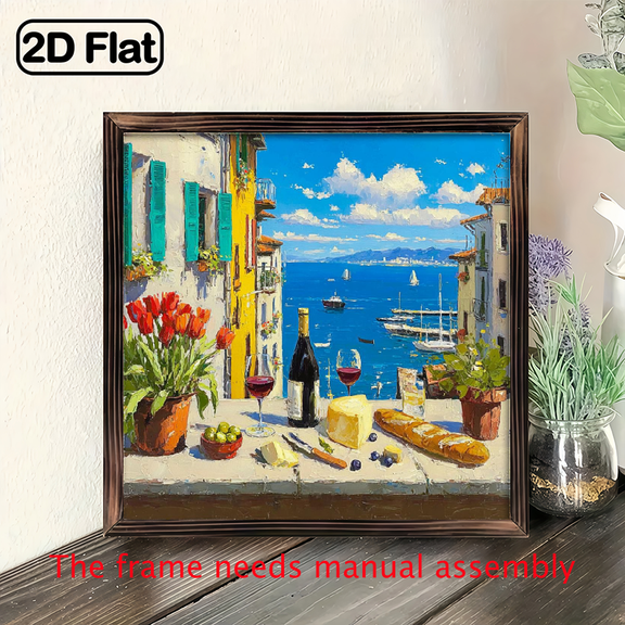 2D Flat, 1pc wooden board painting. Coastal Scenery with Balcony Table Setting, Flowers, Wine Fruits - Ready to Hang Mediterranean Style Wall Art for Bedroom, Living Room.
