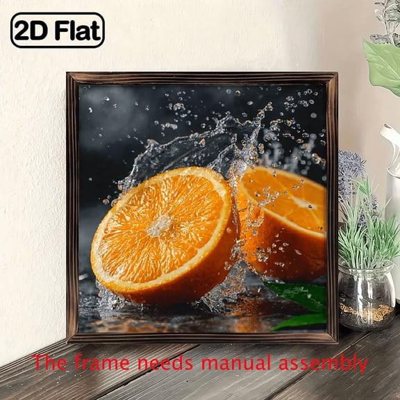 2D Flat 1pc wooden board painting. Vibrant Orange Slices With Splashing Water Art Prints Wall For Bedroom Living Room,Home Decor. Fresh Fruit Themed wooden board painting.