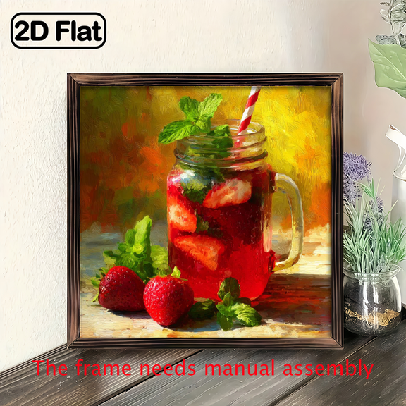 2D Flat 1pc wooden board painting. Vivid Strawberry Jar With Mint And Striped Straw Art Prints Wall For Bedroom Living Room Home Decor Fresh Fruit Themed Canvas Print Poster Picture.