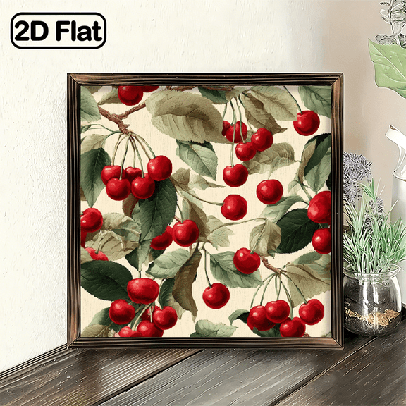 2D Flat, 1pc wooden frame Cherry Fruit Wall Sign, 8x8 Inch Hanging Decorative Sign, Rustic Wooden Hanging Plaque for Front Door Kitchen Garden Cafe Home Decor, Charming Housewarming Gift for