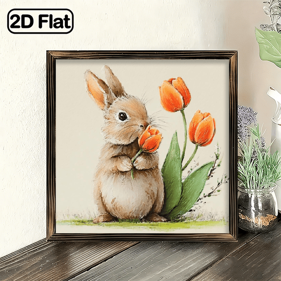 2D Flat, 1pc wooden frame Hanging Decor Sign 8x8 Inch, Cute Bunny Orange Tulips Spring Wall Hanging Decor for Nursery Kids Bedroom Living Room Door Art Baby Shower Gift for Family Friends