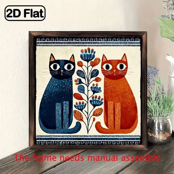 2D Flat, 1pc wooden framed painting, Cute Small Animal Pattern, Cat theme Rustic Farmhouse Decor with Wood Frame, Living Room, Kitchen, Bedroom Decor Best for Christmas, Thanksgiving
