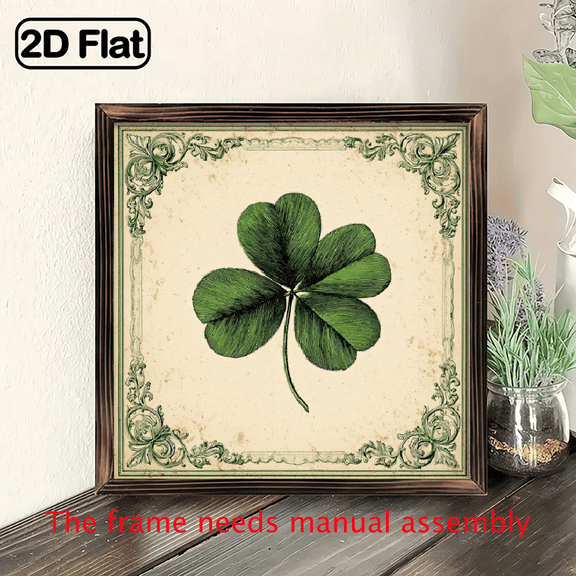 2D Flat, 1pcs Wooden Sign, 8x8inch Vintage Clover Art Print Wooden Frame Wall Hanging for Home Living Room Decor wooden Framed Wall Art Deco for Kitchen Bathroom Living Room.