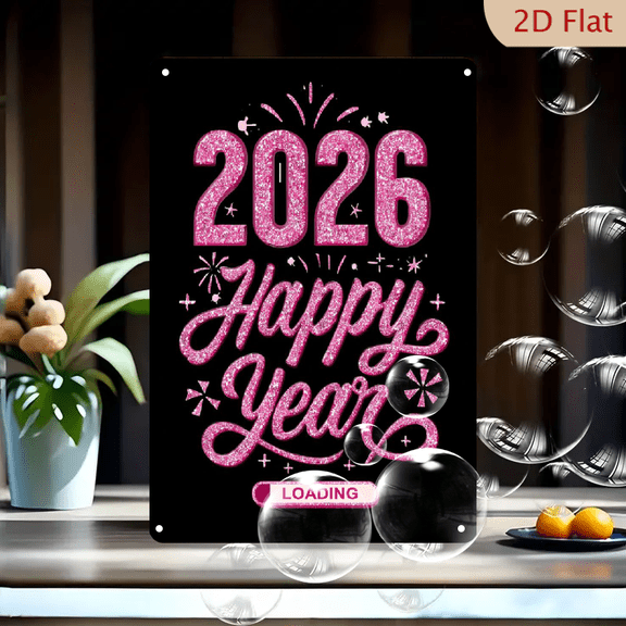 2D Flat, 2026 Happy New Year Metal Tin Sign - Vintage Fireworks Confetti Wall Decor with Pink Lettering - 8x12 Inch Retro Party Decoration for Home, Cafe, Camping - No BatteriesElectricity Needed