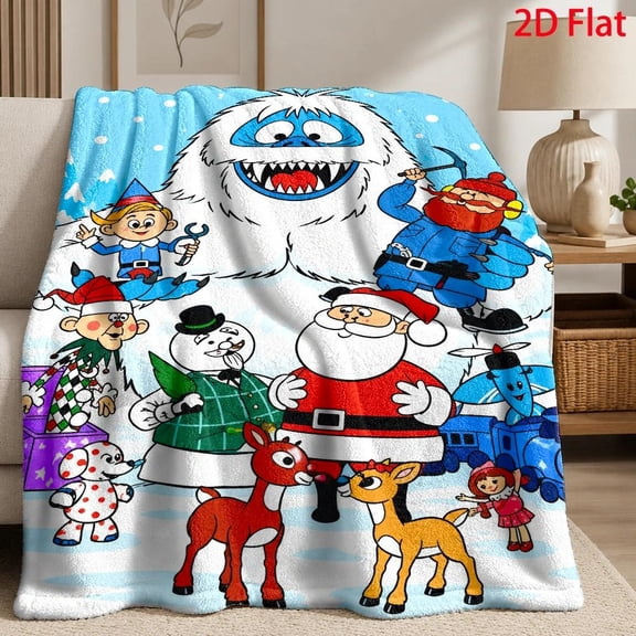 2D Flat, 280Gsm, Flannel Blanket with Christmas Yeti Monster And Snowflake Pattern, Flannel Fleece Blanket with Whimsical Watercolor Cartoon Characters Illustration, Throw Blanket with Festive Red An