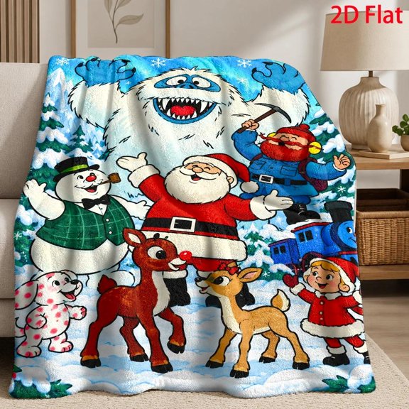 2D Flat, 280Gsm, Flannel Blanket with Festive Yeti Monster And Snowflake Pattern, Flannel Fleece Blanket with Whimsical Watercolor Christmas Characters Illustration, Throw Blanket with Vibrant Blue S