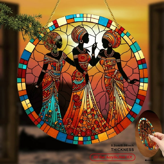[2D Flat] 2D African American Colorful Hanging Decoration (8''x8''), African American Window Wall Hanging Decoration, Round Acrylic Sign, Home Office Room Kitchen Decoration, Holiday Wreath