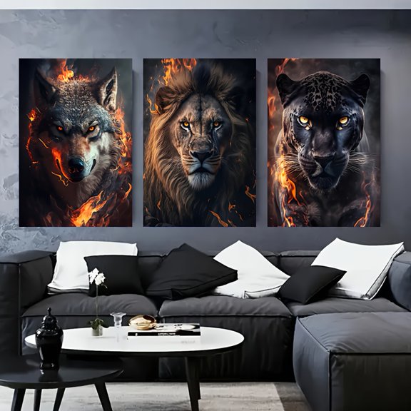 2D Flat A 2D Artwork Featuring a Triptych of Fierce Animal Portraits Including a Wolf, a Lion, And a Leopard Against a Fiery Background, Suitable for Decorating Homes, Offices,