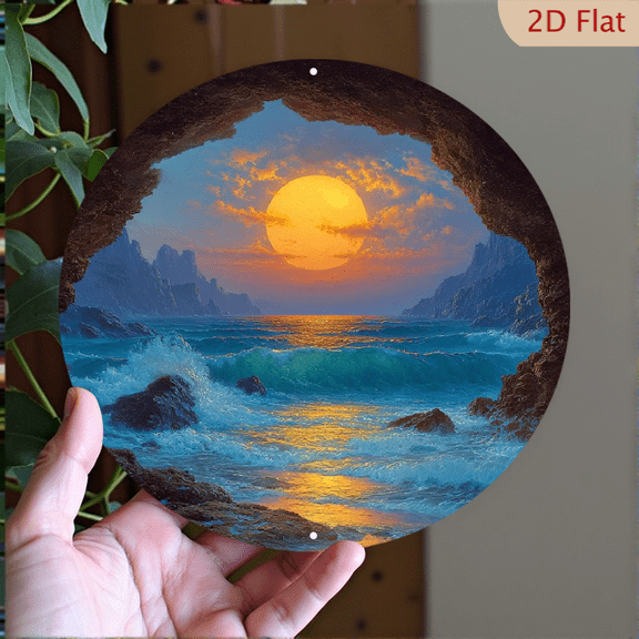 2D Flat - A 2D Design Featuring a Modern Fluorescent Blue Beach And a Nighttime Moon Theme, This Round Aluminum Metal Decorative Plaque Is Perfect for Home Decor, Suitable for Bars, Kitchens, Ca