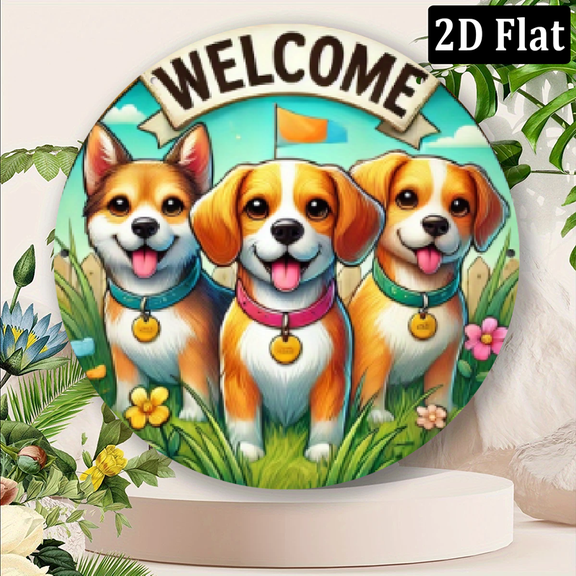 2D Flat A 2D Design Featuring a Warm And Cute Dog Welcoming with a Slogan_ a Gardening Flag Design Filled with Laughter And Friendliness, Measuring 8X8 Inches (20X20 Cm), Non-Glowing, Metal Sign