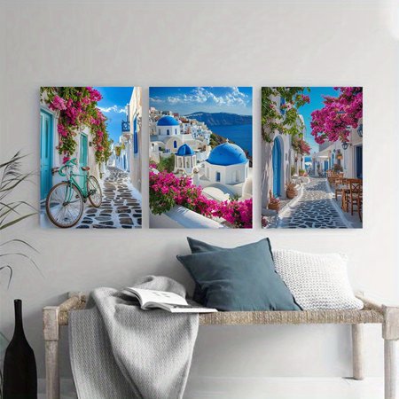 2D Flat, 2D/FLAT 3pcs Mediterranean Coastal Santorini Greek Island Decor Coastline Human Landscape Canvas Painting Poster Wall Art Room Home Living Room Wall Decor Art Gift Frameless
