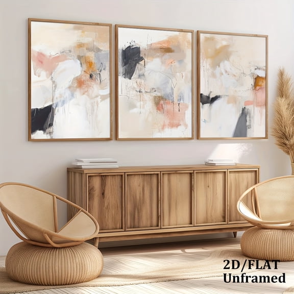 2D Flat, 2D/FLAT Frameless, 3pcs/set Of Neutral Beige Blush Pink Abstract Lines Wall Art Deco Painting, Fantastic Abstract Geometric Canvas Poster, Room Decoration, Living Room Art Deco, Modern Home