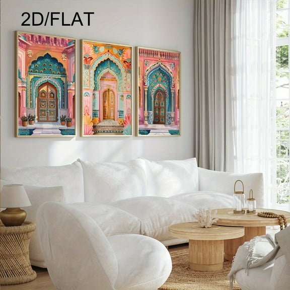 2D Flat, 2D/FLAT India Illustration Jaipur Print Set of 3, Jaipur Posters, India Travel Posters, Indian Architectural Features Landscape Wall Art Decoration, India Painting India Gift Travel Gallery