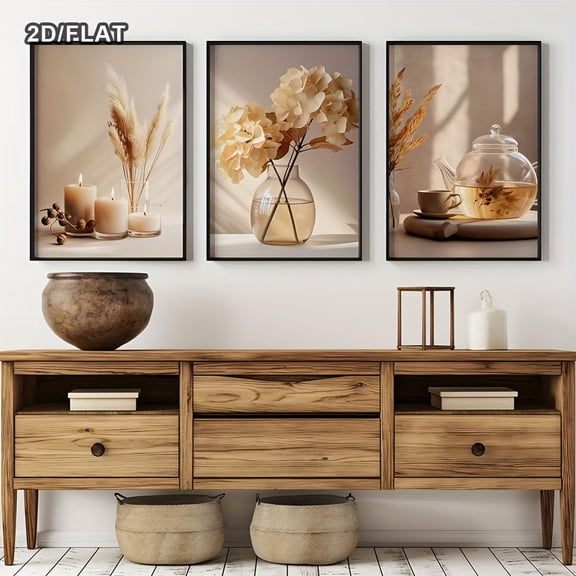 2D Flat, 2D/FLAT, Unframed, Set of 3 Minimalist Beige Flowers Modern Wall Art Prints, Cream Hydrangea Botanical Canvas Posters, Photo Floral Gallery Wall Set, Wall Decor, Artwork for Living Room, Be