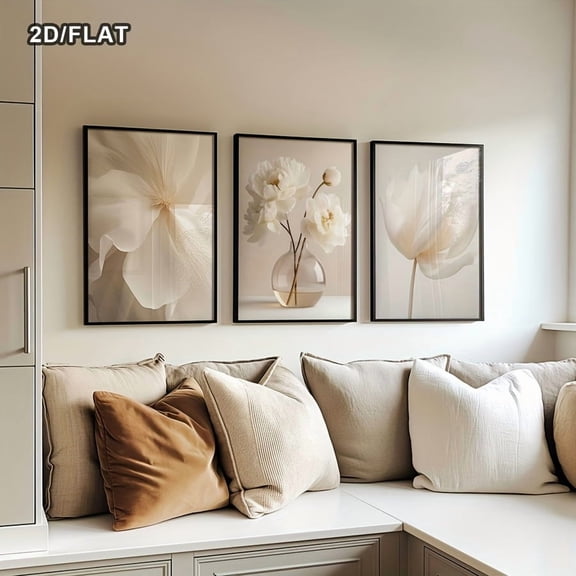 2D Flat, 2D/FLAT Unframed, Set of 3 Simple White Peony Flowers Neutral Modern Wall Art Prints, Beige Botanical Canvas Posters, Photo Floral Gallery Decor, Artwork for Bedroom, Living Room, Dining Ro