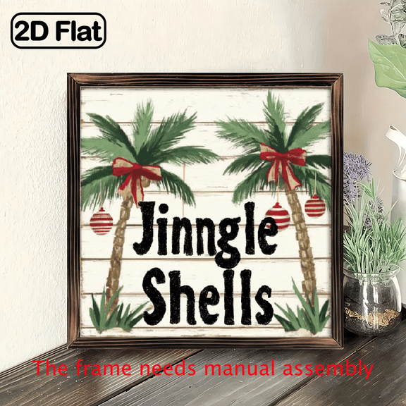 2D Flat, 2D FLAT Wall Pediments1pcs Wooden Sign, 8x8inch Tropical Christmas Jingle Shells Palm Tree Wood Sign Beach Holiday Home Wall Art Framed Wall Art Deco for Kitchen Bathroom Living Room