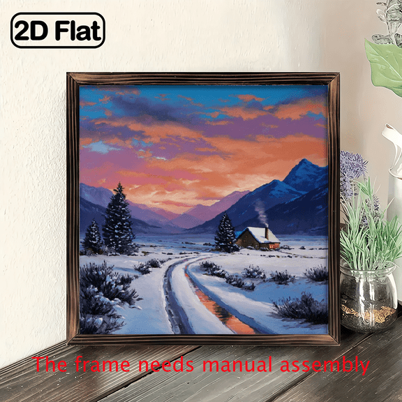 2D Flat, 2D FLAT Wall Pediments1pcs Wooden Sign, 8x8inch Winter Sunset Mountain Road Wooden Art Print, Rustic Cabin Scene, Snowy Landscape, Printing, Cozy Home Wall Art Framed Wall Art Deco