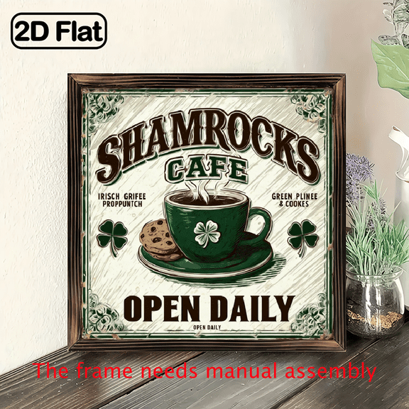2D Flat - 2D Flat 1 Clover Theme Irish Coffee Bar Decoration Sign Country Style with Shamrock and Green Man Design, Polished Wood, 8x8 inch, Perfect for St Patrick'S Day Celebrations, Wall Hangin