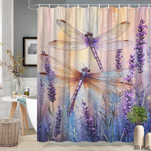 2D Flat, 2D Flat, 1pc 2D Flat Colorful Dragonfly And Lavender Floral Shower Curtain Polyester Fabric Bathroom Decor Bath Curtain with 12 Hooks 70.8X70.8 Inch Ideal for Nature Theme Home Decoration