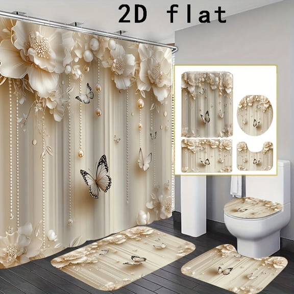 2D Flat, 2D Flat, 1pc/4pcs Luxury Window Design 2D Flat Printed Shower Curtain Set, Bathroom Decoration Kit Includes Printed Bathtub Liner, Non-Slip, Toilet Cover, & 12 Plastic Hooks, Home Additions