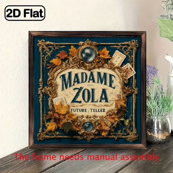 2D Flat, 2D Flat 1pc, Madame Zola Future Teller Wooden Framed Sign Vintage Theme Wall Art for Entryway, Living Room, Office, Halloween Decorative Signs Plaques 8x8 Inch, 2D Flat