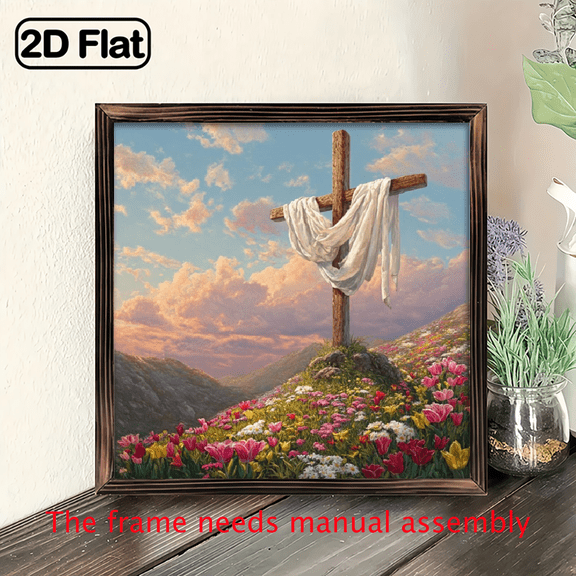 2D Flat, 2D Flat 1pc, Wooden Cross with White Cloth Amidst Vibrant Tulip Garden On Mountain Summit Wooden Framed Sign Romantic Wall Hanging for Bedroom, Living Room, Easter Decorative Signs Plaque