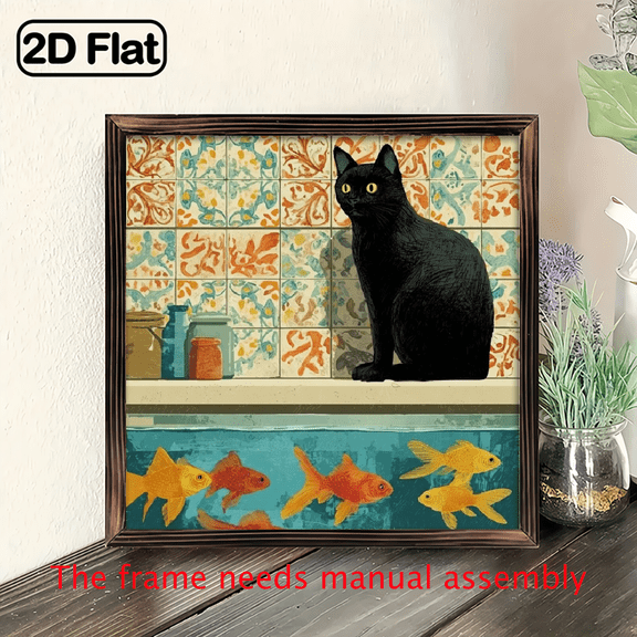 2D Flat, 2D Flat, A 2D Design Featuring a Vintage-Style Black Cat And Goldfish in a Wooden Frame - Suitable for Rustic Home Decor in Bedrooms, Living Rooms, Bathrooms, Hotels, Cafes, And Offices