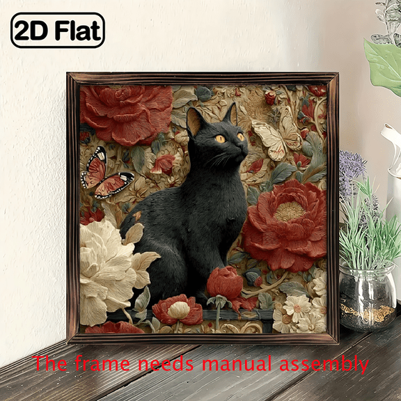 2D Flat, 2D Flat, A 2D Design Featuring a Vintage-Style Cat And Rose Wooden Frame Sign - Suitable for Rustic Home Decor in Bedrooms, Living Rooms, Bathrooms, Hotels, Cafes, And Offices - Made of