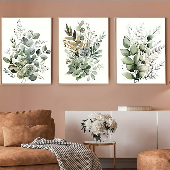 2D Flat, 2D Flat 3pcs Unframed Botanical Plant Canvas Wall Art Set of bathroom Wall Decor Canvas Prints Sage Green Eucalyptus Leaf Prints for Office Unframed, 2D Flat