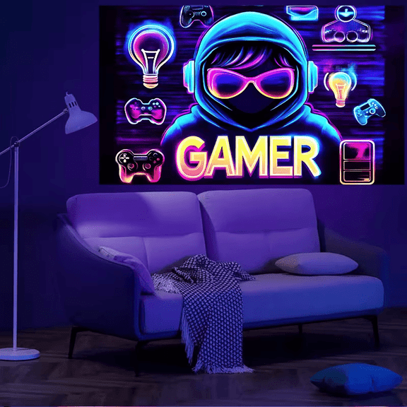 2D Flat, 2D Flat Fluorescent Tapestry Glow in The Dark Gamer, Room Decor Wall Hanging for Bedroom, Living Room, Office. Gamer Room Decor for Mens Glow in Dark Uv Light Wall Art. Computer Room Decor,