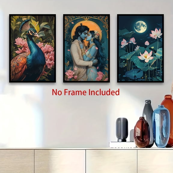 2D Flat, 2D Flat Posters & Prints, 3 Frameless Art Prints - Vibrant for Lotus, Loving Couples, and Pea Rooster Designs for Home and Office Decor, Ideal for Birthdays, Holidays, and Parties, Interior