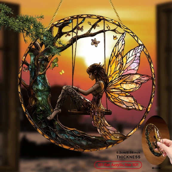2D Flat, 2D Flat Print, 1pc, Sun Catcher Fairy on Swing Garden Light Collector Ornament 8inch x 8inch, Acrylic Colorful Window Hanging Decor for Living Room, Porch, Yard, Window Decoration